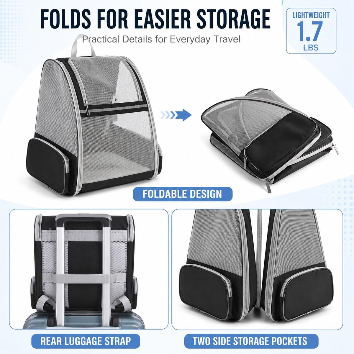 Cat Carrier Backpack for Cats and Small Dogs up to 15 lbs, Soft-Sided Foldable Pet Carrier with Breathable Mesh, Front Upper&Dual Side Entry, Support Frame, Hard Bottom for Vet Visits and Air Travel