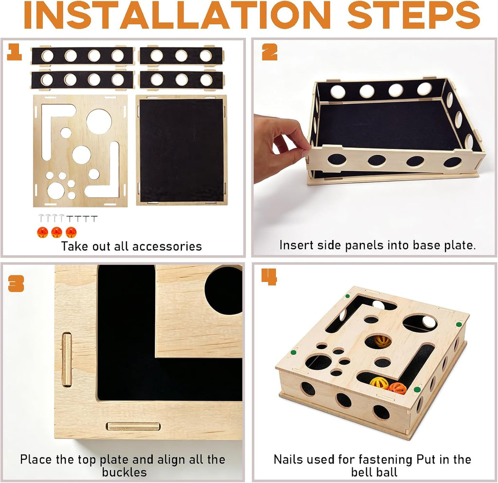 Cat Scratch Puzzle Enrichment Box with Bell Ball, Large Cat Nail File Enrichment Box with Sandpaper Liner, Stress-Free Alternative to Trimming Nails, for Indoor Cats