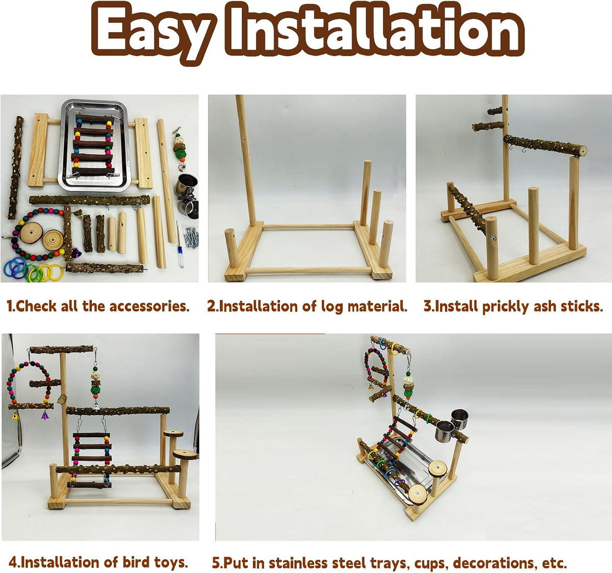 Parrot Play Stand Parakeet Playground Bird Jungle Gym Wood Conure Playstand Hanging Chewing Toys with Swings and Feeder Cups Bird Cage Accessories for Cockatiel Lovebirds Budgie