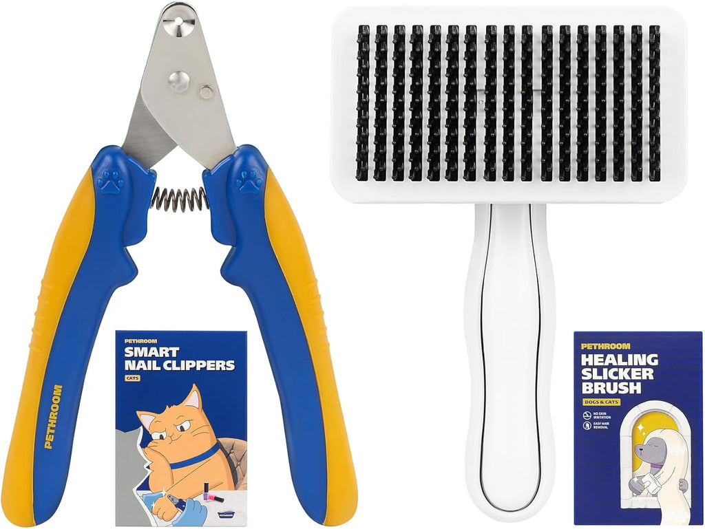 Cat Grooming & Nail Care Bundle – Self-Cleaning Slicker Brush & Precision Cat Nail Clipper, Removes Loose Fur & Mats, Easy Deshedding, Safe & Accurate Trimming