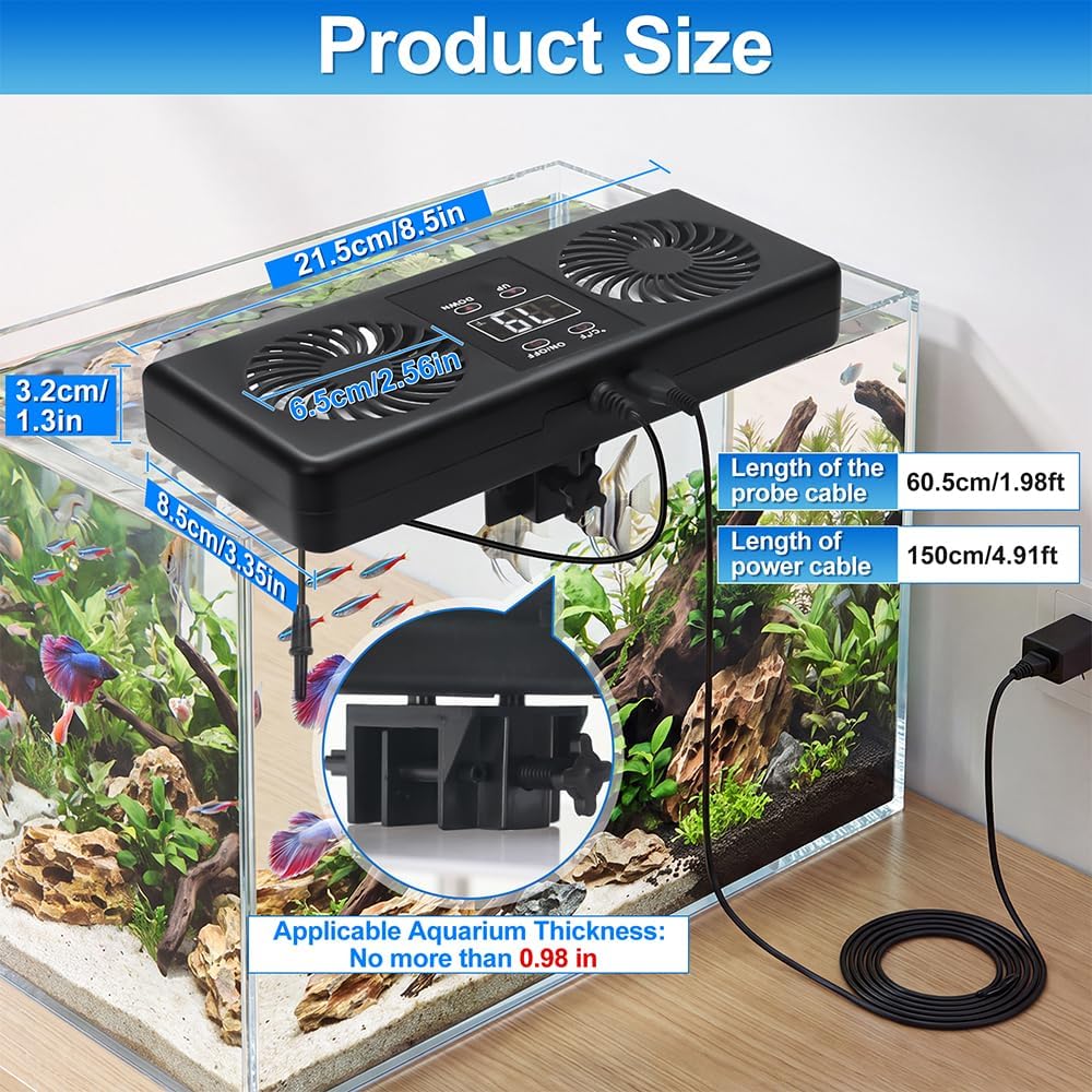 Aquarium Auto Temperature Control Chiller Fan Ultra-Quiet Fish Tank Cooler Fan Cooling Effect 3-8°F with Temperature Probe & LCD Display for Axolotl Betta Aquariums