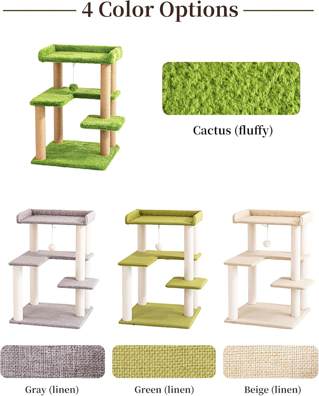 Cat Tree for Indoor Large Cat, 30'' Senior Friendly Modern Small Cat Tower with Wide Perch, Low Step, Cotton Scratching Posts, Sturdy Base, Cozy Perches, Interactive Toys(Green Pile Fabric)