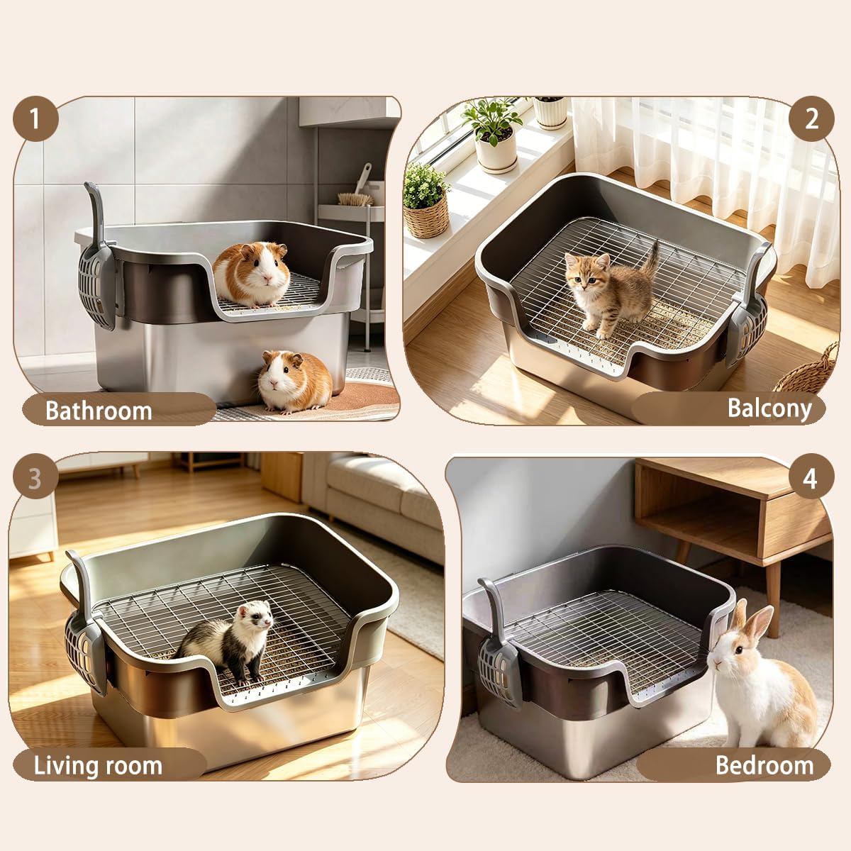 Stainless Steel Rabbit Litter Box, Large Sifting Bunny Litterbox High Side