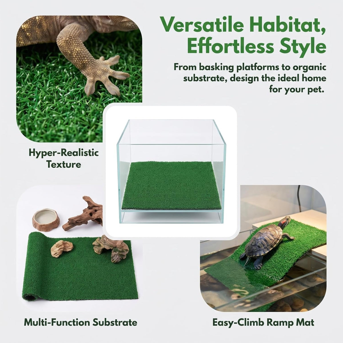 Veemoon Square Artificial Grass Carpet, Realistic Synthetic Reptile Turf Pet Cage Simulation Grass Mat/Substrate Lizard Tank Accessories Turtle Ramp Turf for Basking Platform Habitat, 9. 8×9. 8inch