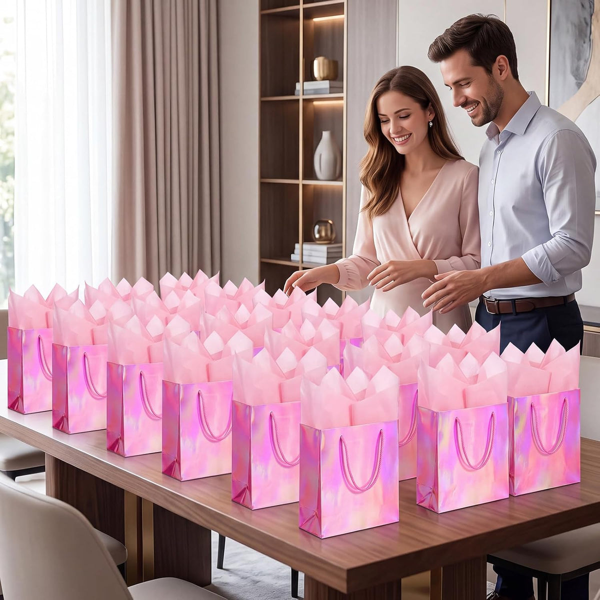 24 Pack Pink Gift Bags with Tissue Paper, Metallic Finish, Rope Handles