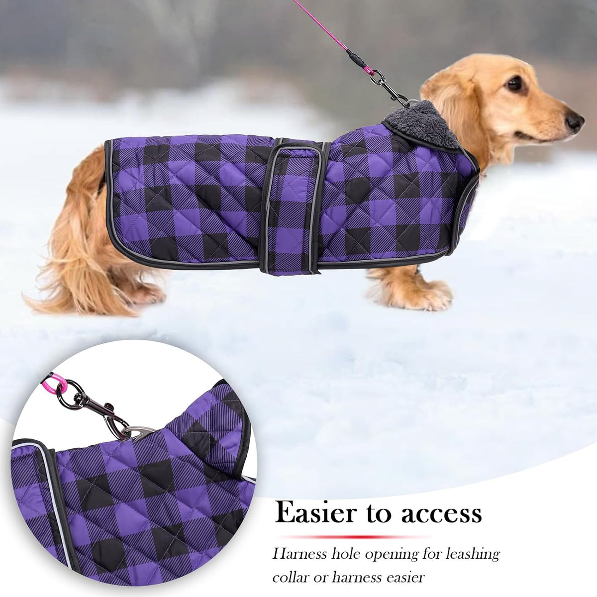 Waterproof Warm Thermal Quilted Dachshund Coat with Warm Fleecy Lining Inside,Outdoor Dog Apparel with Adjustable Bands for Small,Medium Dog-Purple-M