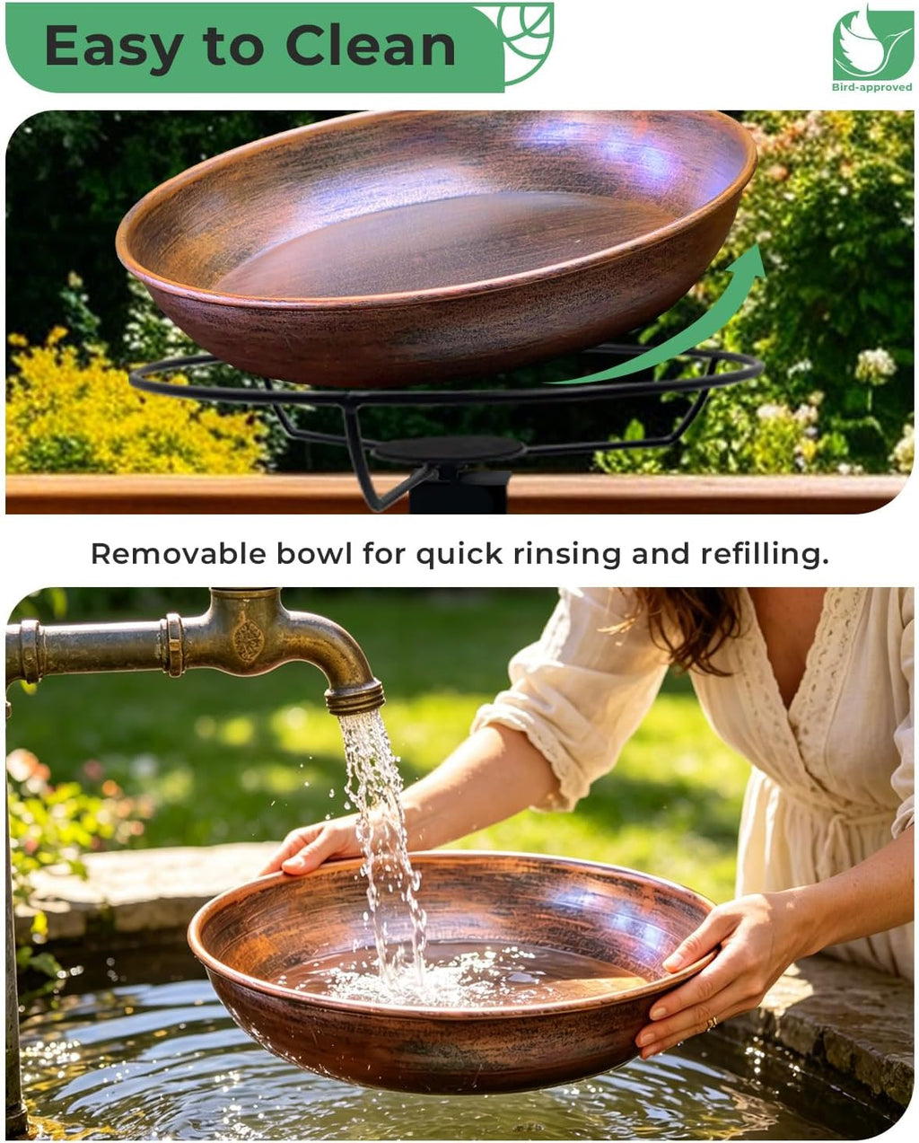 Deck Mounted Bird Bath with Adjustable Clamp, Removable Metal Bowl