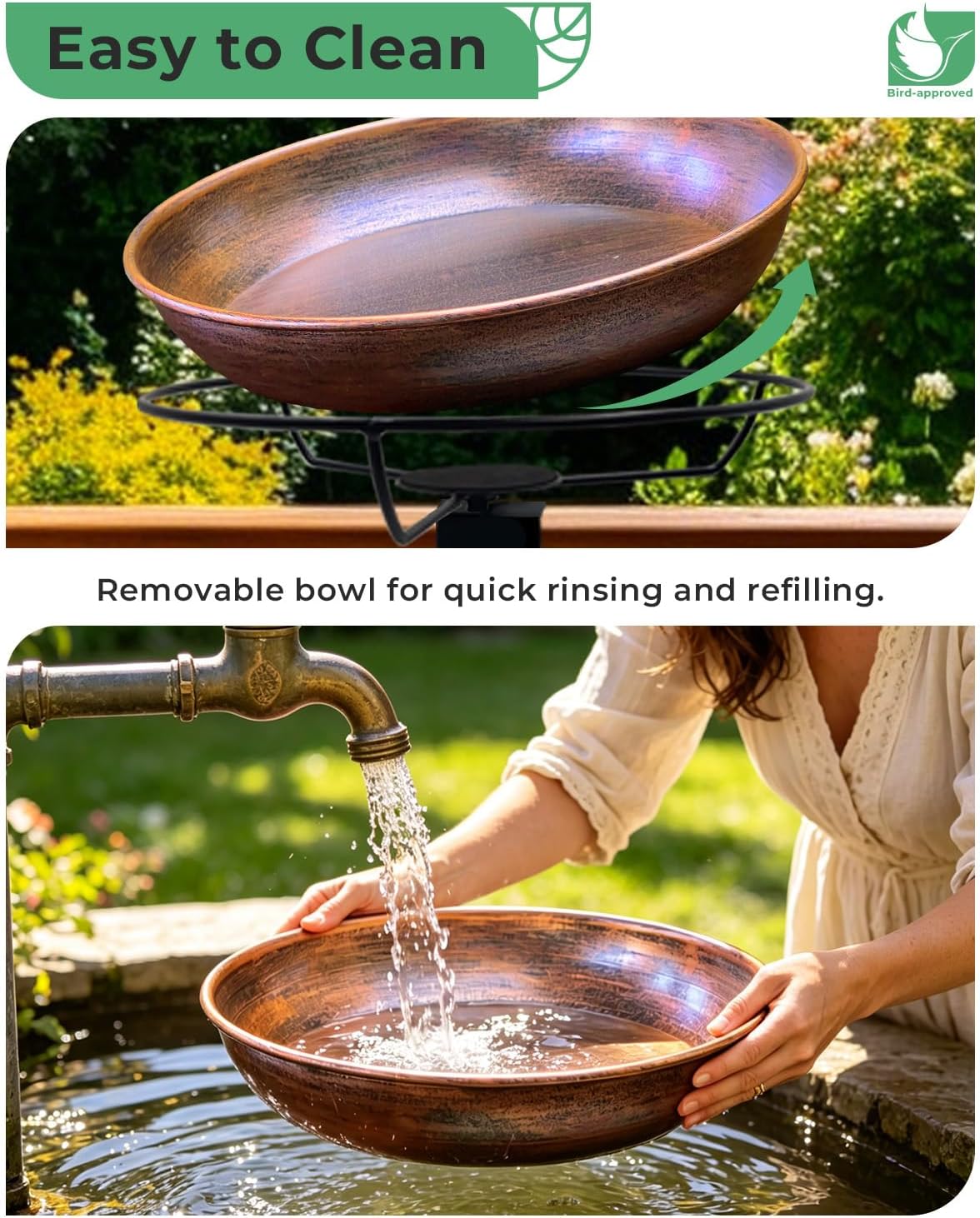 Deck Mounted Bird Bath with Adjustable Clamp, Removable Metal Bowl