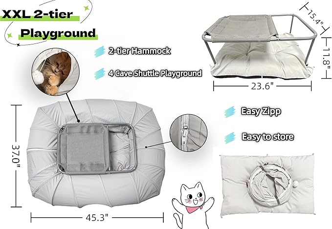 XxingSheep 2-Tier Cat Tunnel & Hammock Bed XXL, 4 Cave Shuttle - Image 6