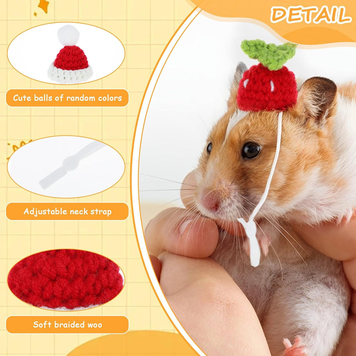 12Pcs Mini Knitted Hats for Hamster Small Animals with Adjustable Strap