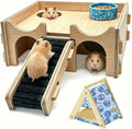 Wooden Hamster Hideout,Multi-Chamber Hide House with Bowl & Tent