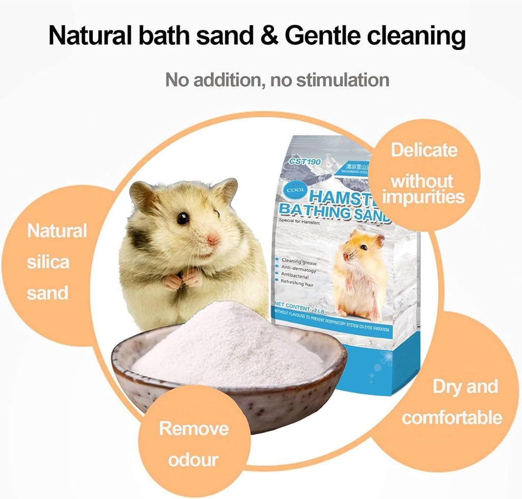Hamster Sand Bath Kit, 2LB Bathing Sand for Gerbils with Plastic Sandbox Chinchilla Cleaning Powder Dust Free Small Animals Showering Sand for Rodent Mice Rat Mouse