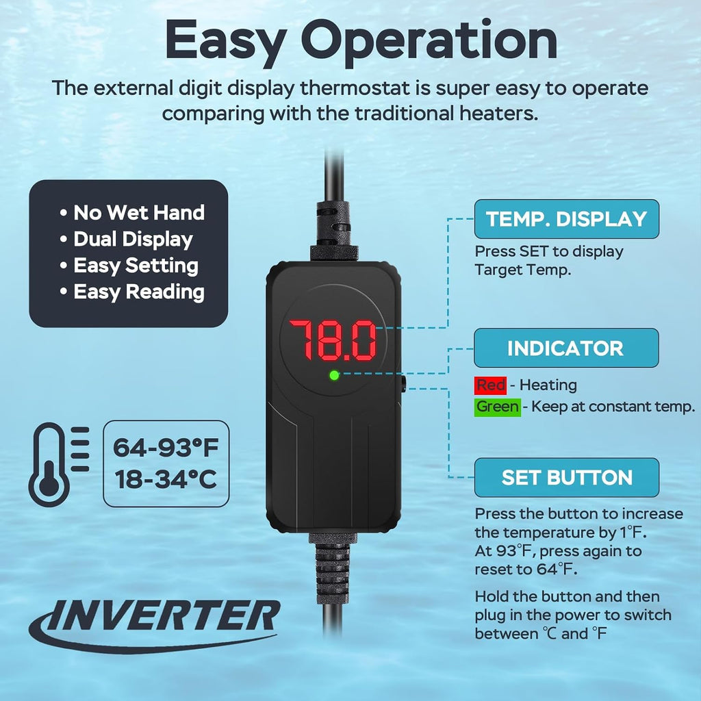 AquaMiracle 200W Submersible Aquarium Heater with LED Digital Display