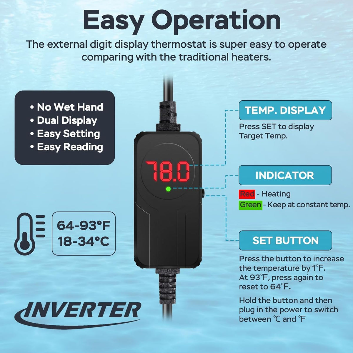 AquaMiracle 200W Submersible Aquarium Heater with LED Digital Display