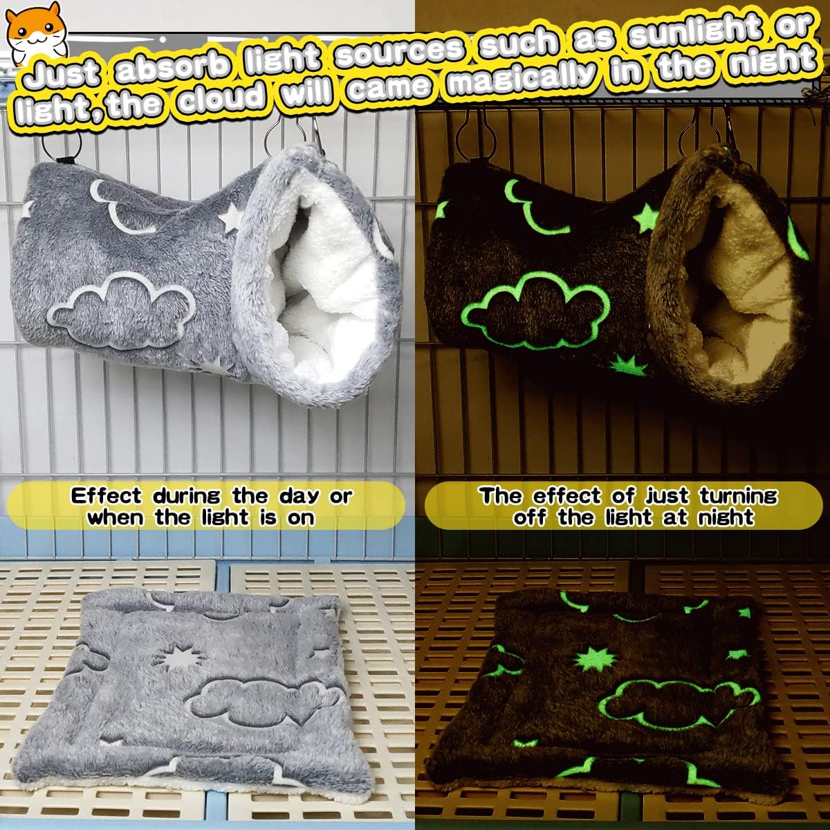 LEFTSTARER Noctilucent Luminous Guinea Pig Rat Hammock Bunkbed Hanging Tunnel and Soft Bed Mat for Ferret Hedgehog Squirrel Hideout Cage Accessories (2.Tunnel Hammock and Mat)