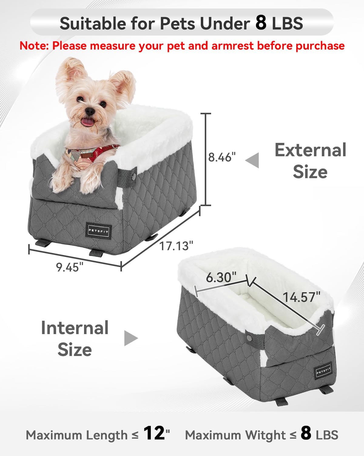 PETSFIT Center Console Dog Car Seat with Adjustable Seat-Rail Anchor Hooks