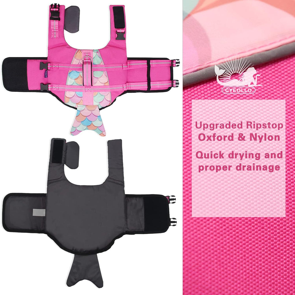 cyeollo Mermaid Dog Life Jacket Chin Float Support Dog Life Vest, Pink, M