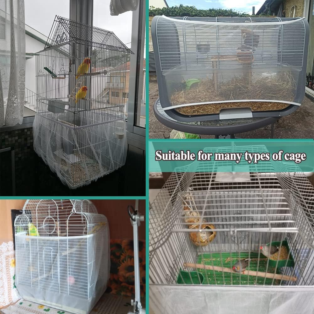 ASOCEA Bird Cage Seed Cather and 2Pack Bird Food Stainless Steel Cups Universal Adjustable Birdcage Cover Skirt Nylon Mesh Netting Parrot Parakeet Macaw African Round Square Cages Cover