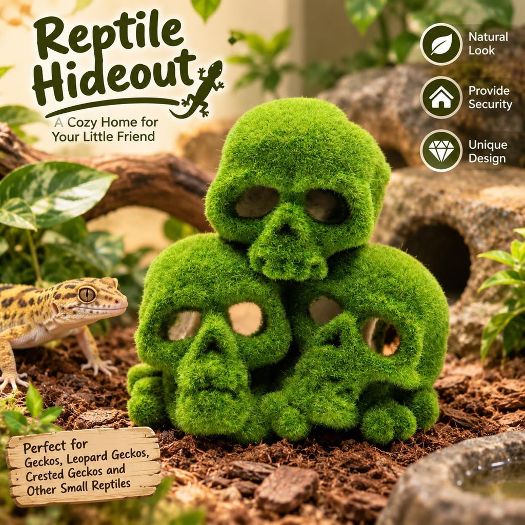 Moss Skull Terrarium Decor, Reptile Hide Tank Accessories for Gecko Lizard