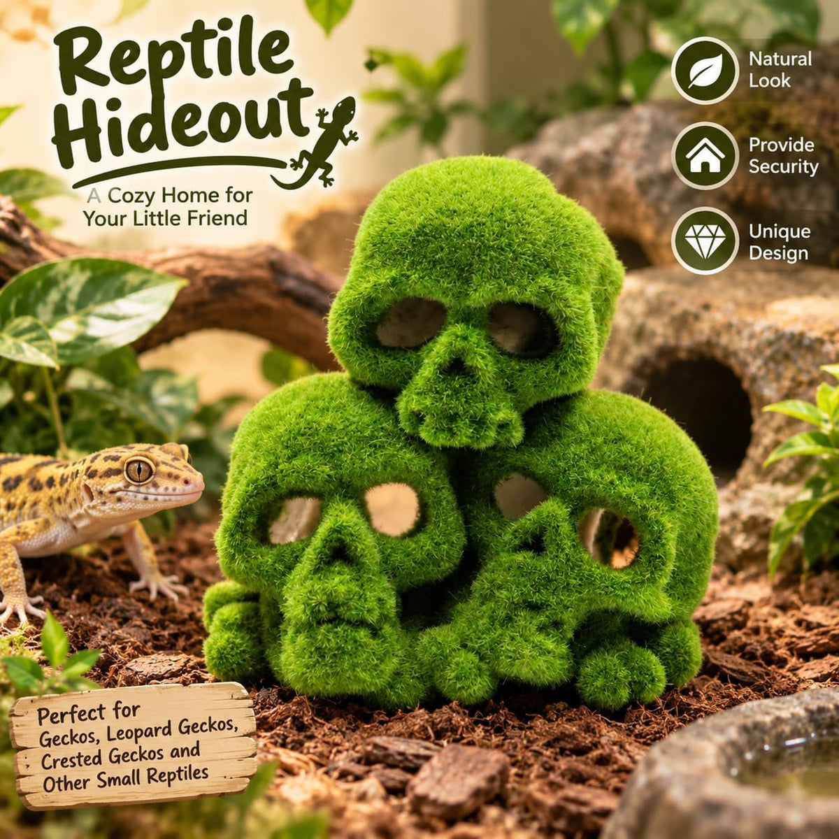 Moss Skull Terrarium Decor, Reptile Hide Tank Accessories for Gecko Lizard