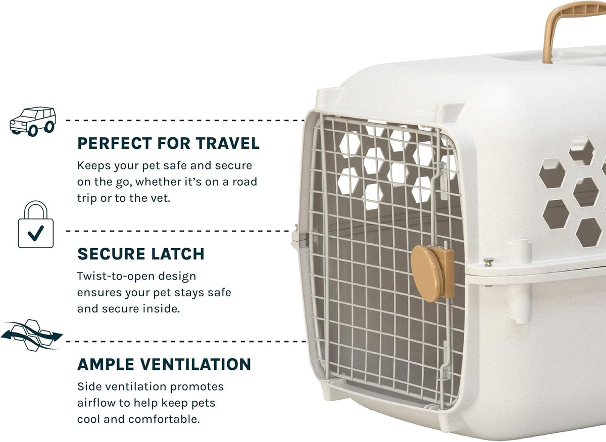 SportPet 26” Small Front Load Hard Sided Pet Carrier Kennel – Easy Access Durable Plastic Travel Crate with Carry Handle - Dog, Cat, Rabbit, & Small Pet, Ventilated Shell for Car, Vet, & Home – Cream
