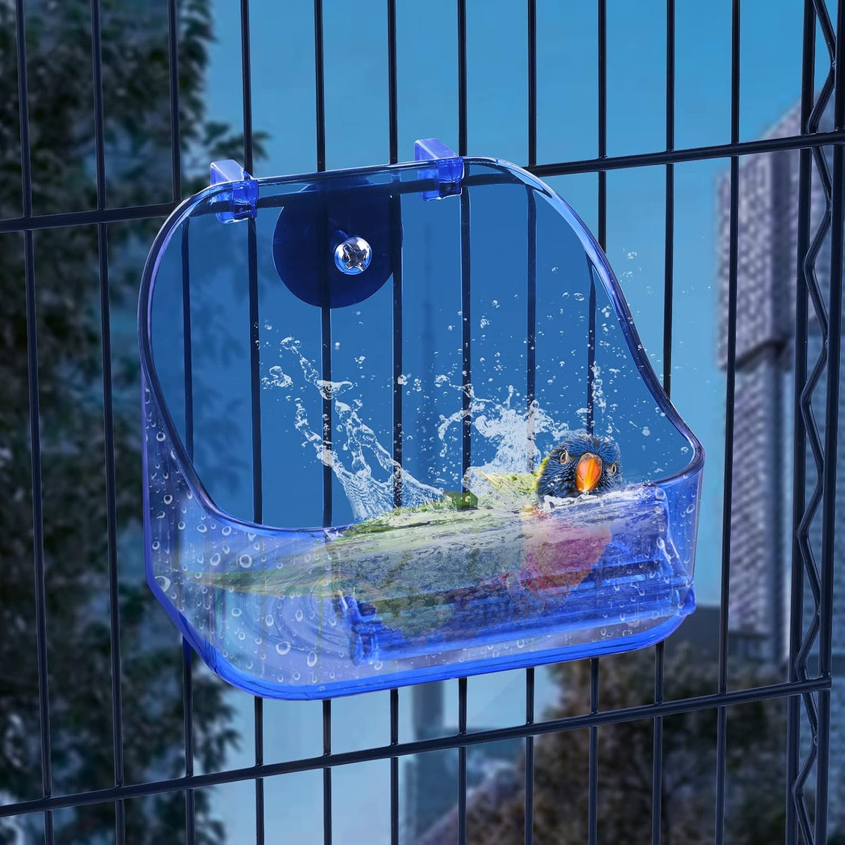 Acrylic Hanging Bird Bath for Small Birds - Bird Cage Accessory Bathing Tub for Parakeet Canary Budgerigar Lovebirds, with Fixing Screws, 5 x 3.6 x 4 Inches, Blue, 1PCS