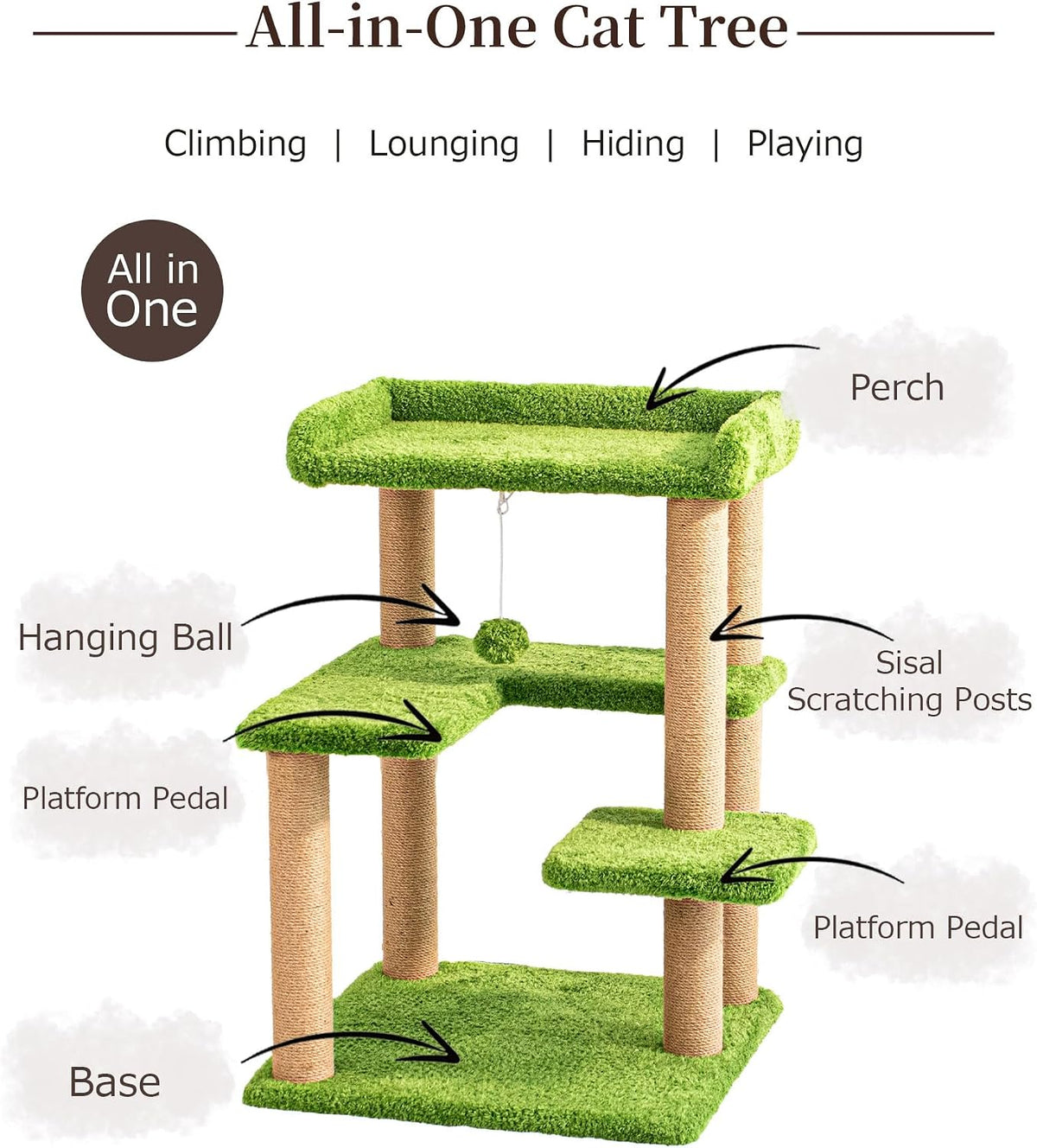 Cat Tree for Indoor Large Cat, 30'' Senior Friendly Modern Small Cat Tower with Wide Perch, Low Step, Cotton Scratching Posts, Sturdy Base, Cozy Perches, Interactive Toys(Green Pile Fabric)