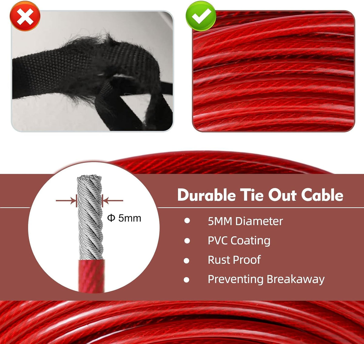 Dog Runner for Yard, Outdoor Dog Run, 50FT+10FT, Red