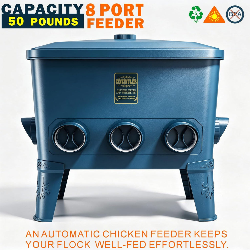 ZINZINULER Large Automatic Chicken Feeder and Waterer Set, Feeds 6 Hens for 15-20 Days, 9 Gallon Water with 5 Cup, 50 Pound Feed with 8 Feeding Ports, No Waste Poultry Feeder