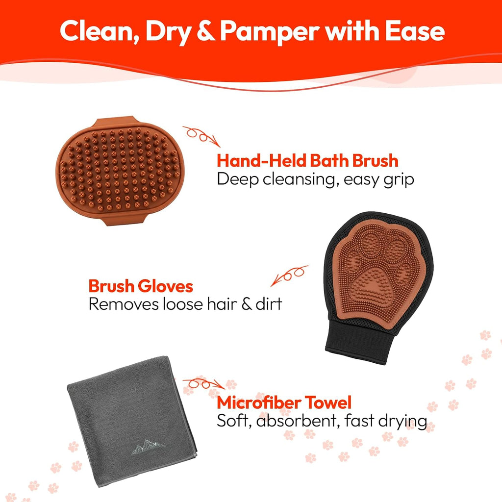 PM Pet Grooming Tools for Dogs & Cats- 3 Pack Dog Bathing Set- Safe On Skin Super-Absorbent Microfiber Towel – Soft & Gentle Brush Glove and Hand-Held Dog Bath Brush- Paw Mountain