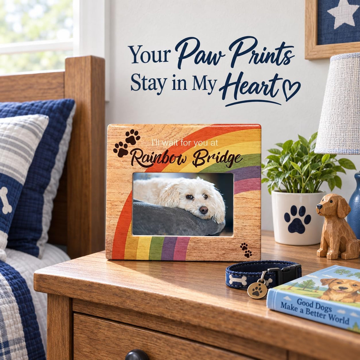 Rainbow Bridge Pet Memorial Picture Frame, Loss of Dog or Cat Sympathy Gift, I’ll Wait for You at Rainbow Bridge Personalized Pet Photo Option, 4 x 6 Picture Frame for Pet Bereavement Condolence Gift