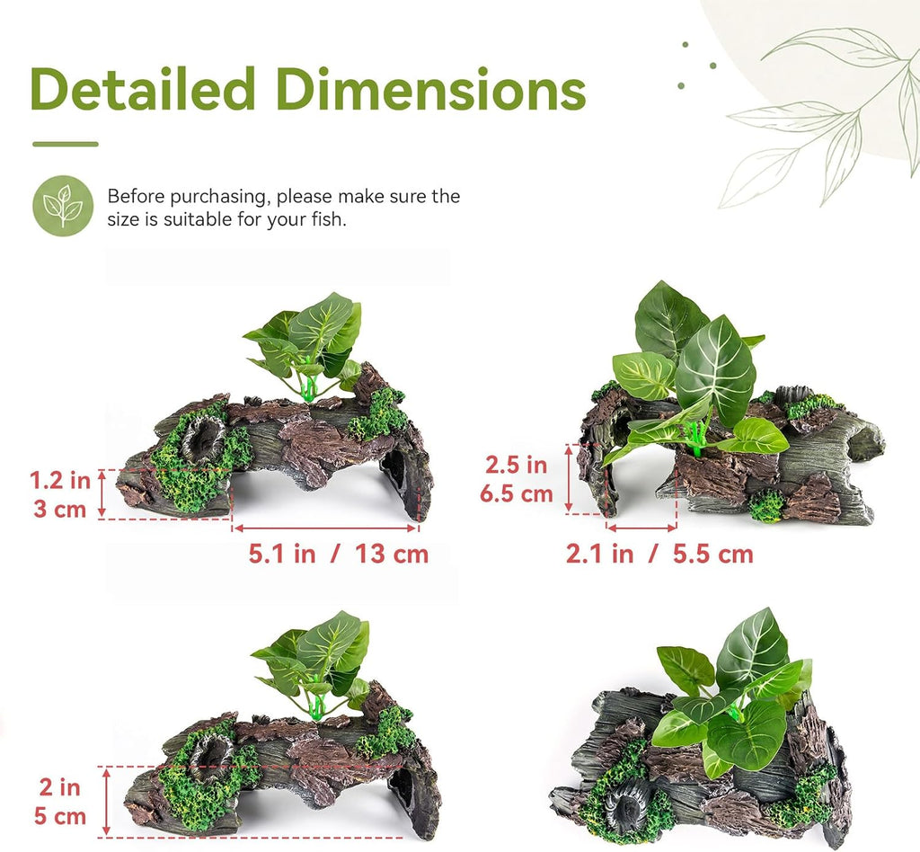 9.25" Large Aquarium Decor Hideout Cave Resin Hollow Tree Trunk with Plant