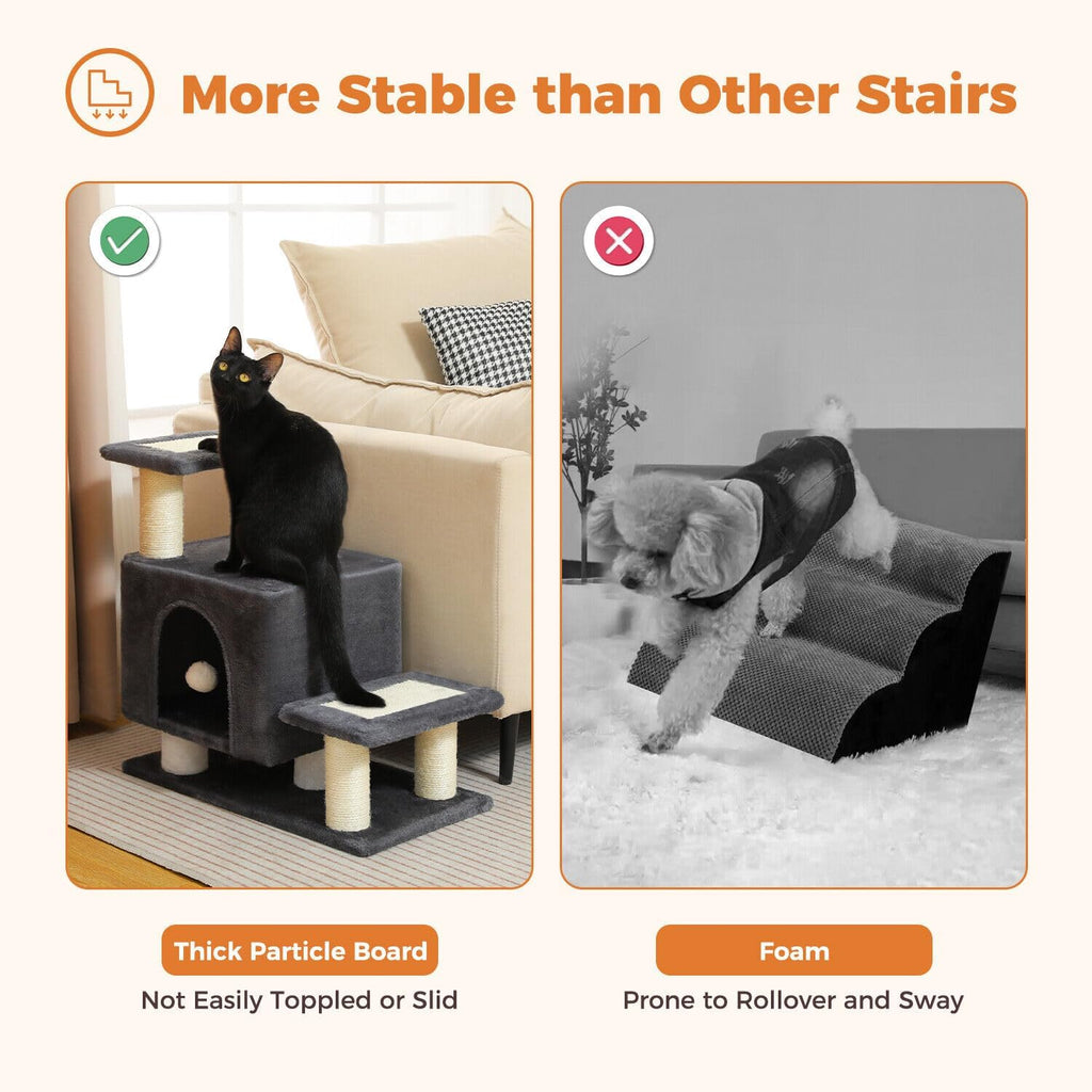 3-in-1 Cat Stairs with Scratching Post & Condo, Pet Steps, Dark Grey
