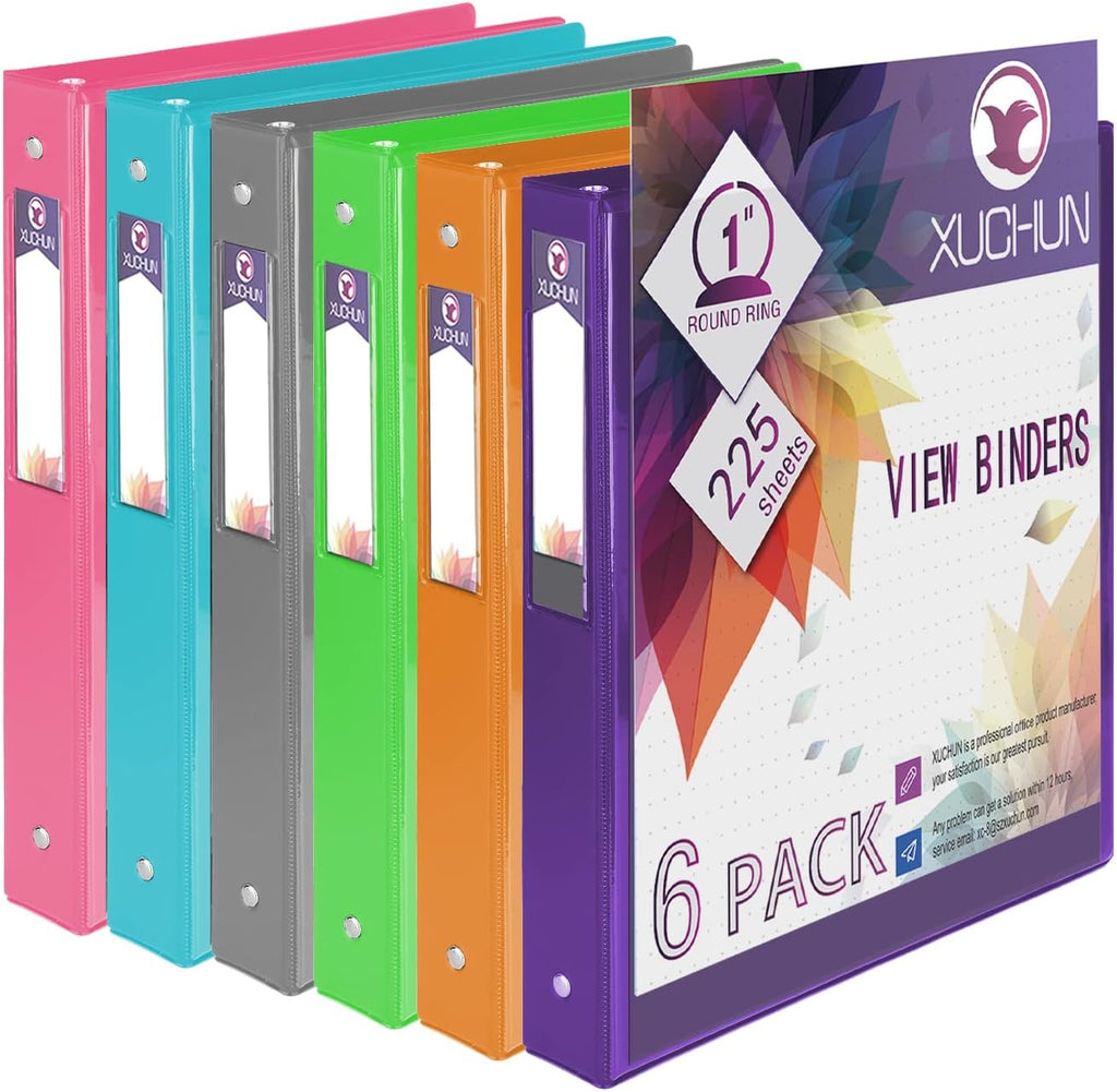 XUCHUN 3 Ring Binders 1 Inch,Clear View Binder with 2 Pockets, Holds 225 Sheets 8.5x11 Inches Paper, Customizable Cover & Spine,Binders for Office, School, Home, Business,6 Pack