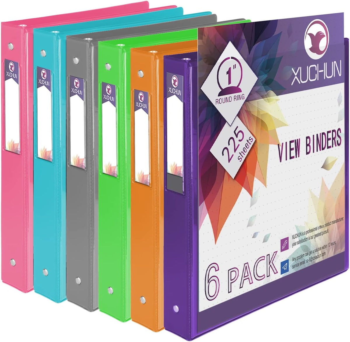 XUCHUN 3 Ring Binders 1 Inch,Clear View Binder with 2 Pockets, Holds 225 Sheets 8.5x11 Inches Paper, Customizable Cover & Spine,Binders for Office, School, Home, Business,6 Pack