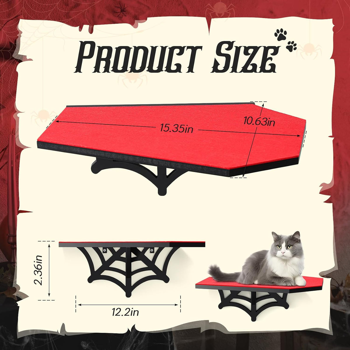 Gemscream Gothic Halloween Wall Mounted Cat Shelf, Coffin Spider Web Design