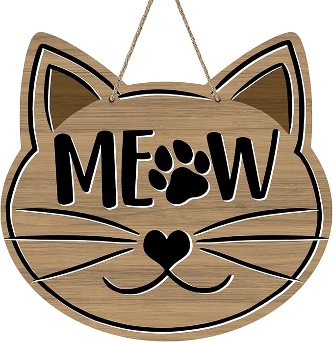 Cute Cat Meow Front Door Sign, Pet Farmhouse Wood Door Hanger Outdoor Outside by Bolisom