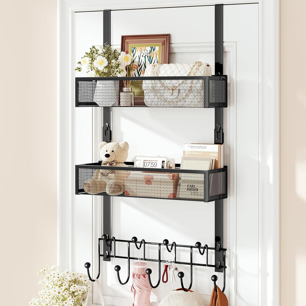 HapiRm Over the Door Hanger with Coat Hooks and 2 Baskets, Rustproof & Waterproof Over the Door Hooks, Storage Organizer for Hats, Bathroom, Kitchen, Bedroom, RV, Camper-Black (for 1.76in Doors)