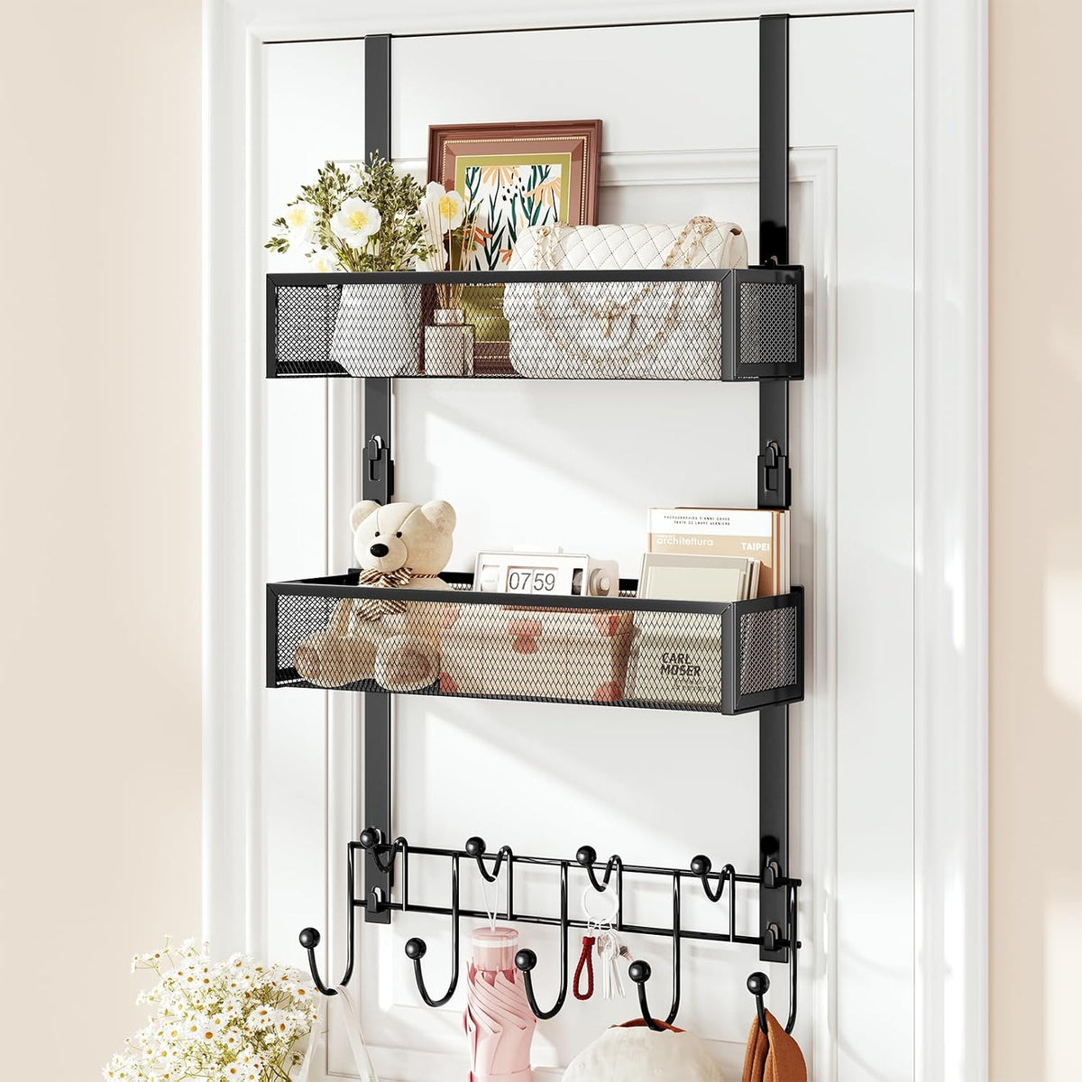 HapiRm Over the Door Hanger with Coat Hooks and 2 Baskets, Rustproof & Waterproof Over the Door Hooks, Storage Organizer for Hats, Bathroom, Kitchen, Bedroom, RV, Camper-Black (for 1.76in Doors)