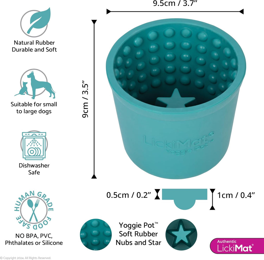 LICKIMAT Yoggie Pot – Distraction, Fun and Enrichment. Long Lasting Rubber Licking Treat Dispenser for All Dog Sizes and Slow Feeder for Small Dogs - Turquoise