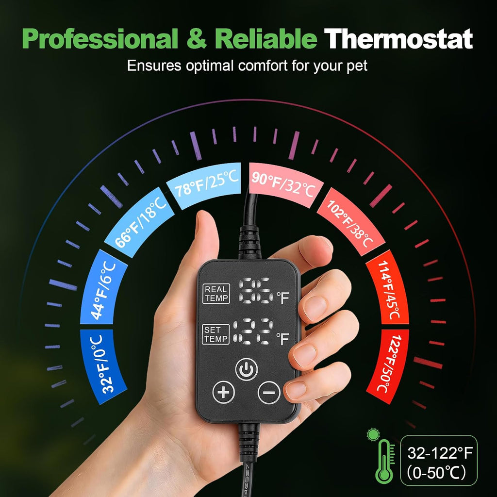 Reptile Heating Pad with Internal Sensor&Thermostat, 8" x 18" 24W Under Tank Heater Mat for 10-40 Gallon Tanks, IP67 Waterproof Safe Heat for Turtles, Bearded Dragons, Snakes, Lizards and Seedling