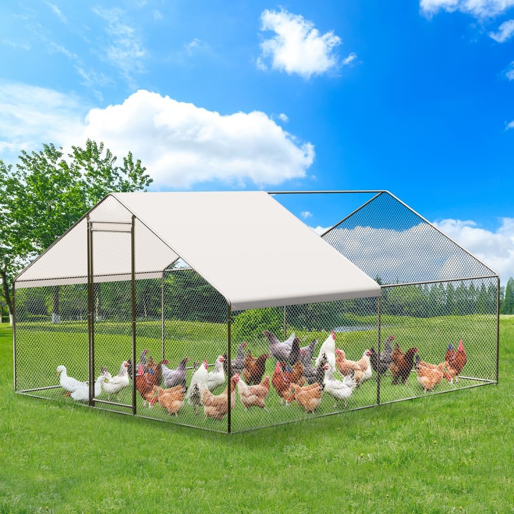GarveeLife Large Metal Chicken Coop, Chicken Coop Run, Outdoor Chicken Pen with Waterproof & Anti-UV Cover, Large Chicken Run or Outdoor Farm Yard (13.1' L x 6.6' W x 6.6' H)