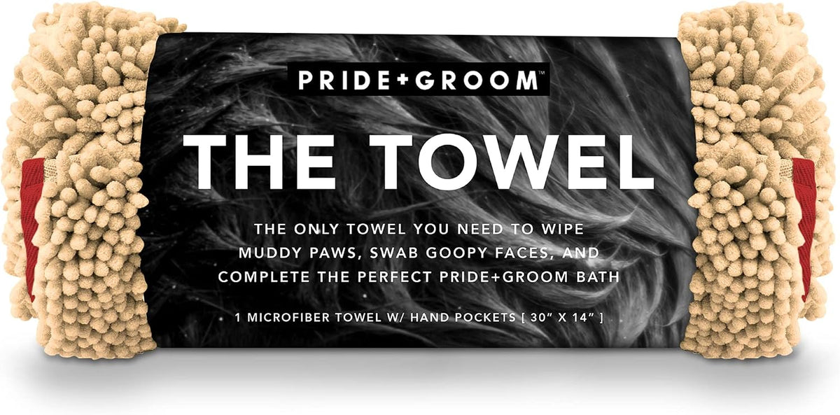 PRIDE AND GROOM The Towel – Thick, Soft, Super Absorbent Microfiber Towel for Dogs & Pets that is Quick Drying, Holds 7 Times its Weight in Water and Has Dual Pockets for Your Hands
