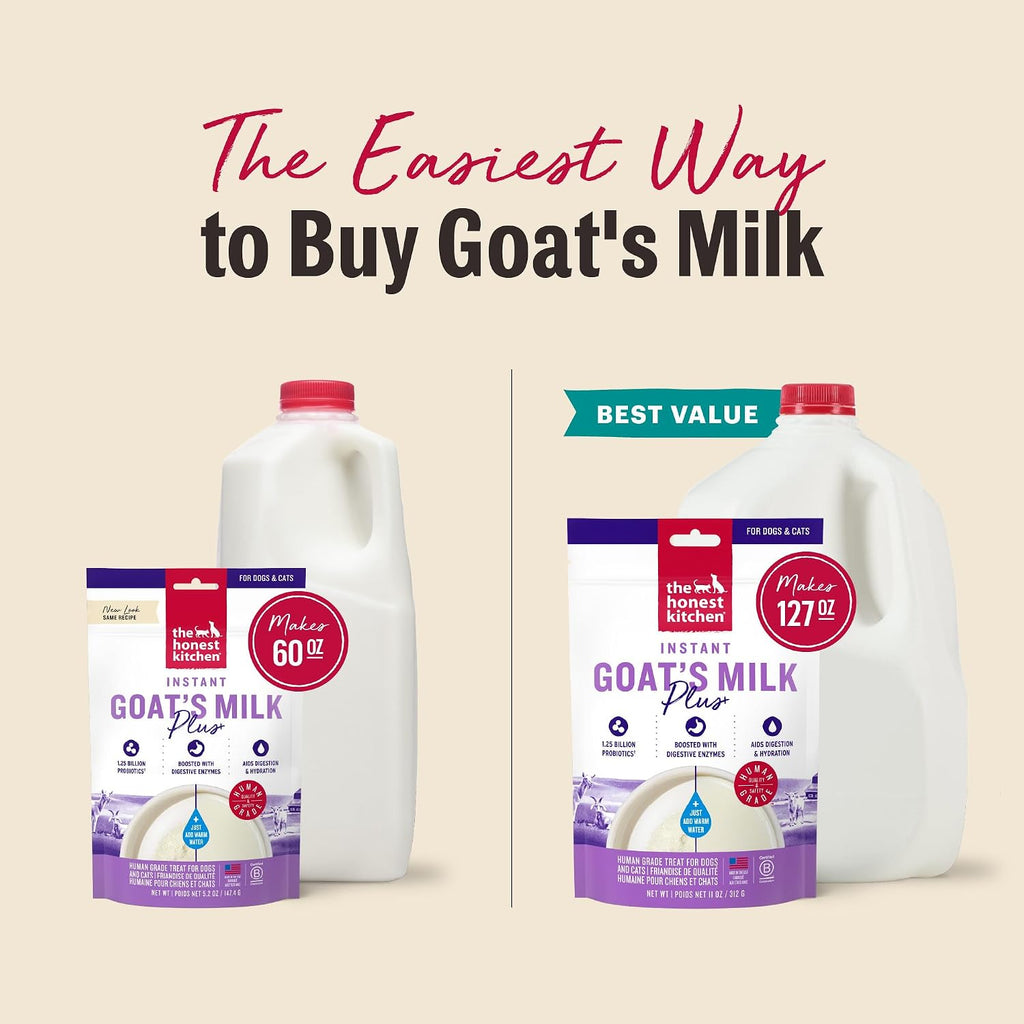 The Honest Kitchen Instant Goat’s Milk with Probiotics for Dogs and Cats, Human Grade Powder Drink Mix, Digestive Health Support, Food Topper or Treat, Just Add Water, 5.2 oz Pouch Makes 60 oz