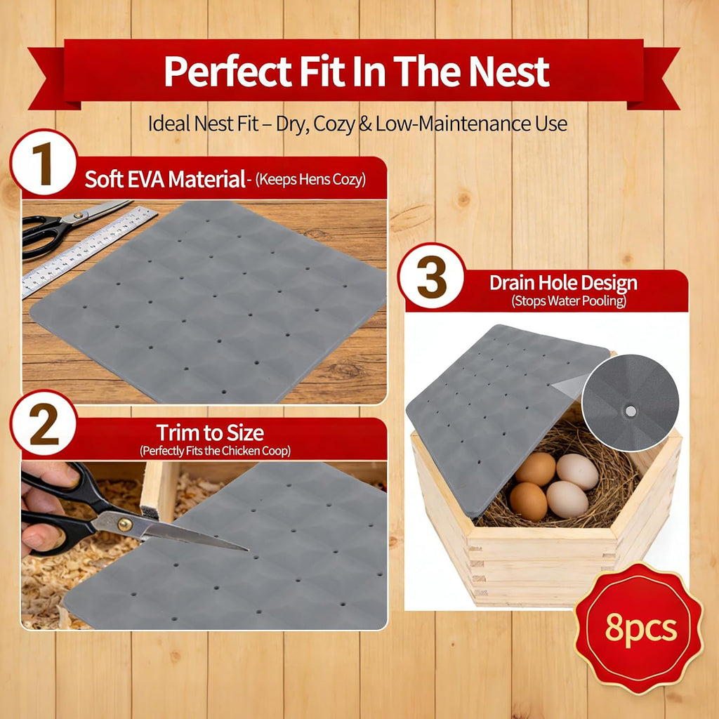 Chicken Nesting Pads Set, 12×12 Inch Reusable Nesting Box Liners Pads, Washable Nesting Pads for Chicken Coop, Poultry Nest Box Pads for Laying Eggs (8 PCS)