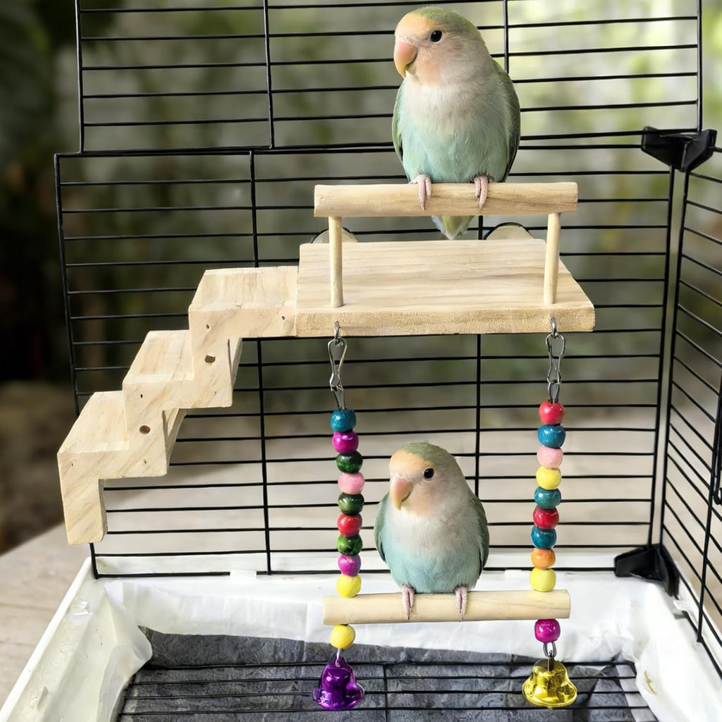 Bird Perch Platform with Ladder & Swing,Parrot Wooden Play Gym Cage Toys