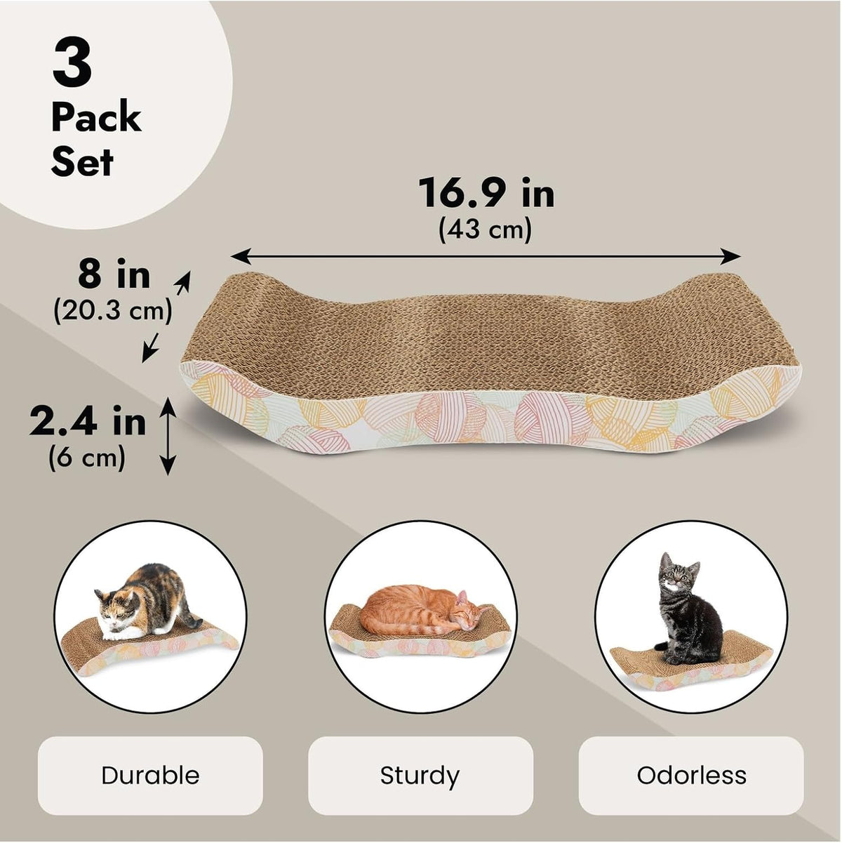 Zodaca Cat Scratcher Bed - Reversible Cardboard Cat Scratch Pad - Catnip Bed for Indoor Felines - Kitten Scratcher Lounger for Stretch & Relax - Pack of 3, 16.75 x 8 x 2.4 in