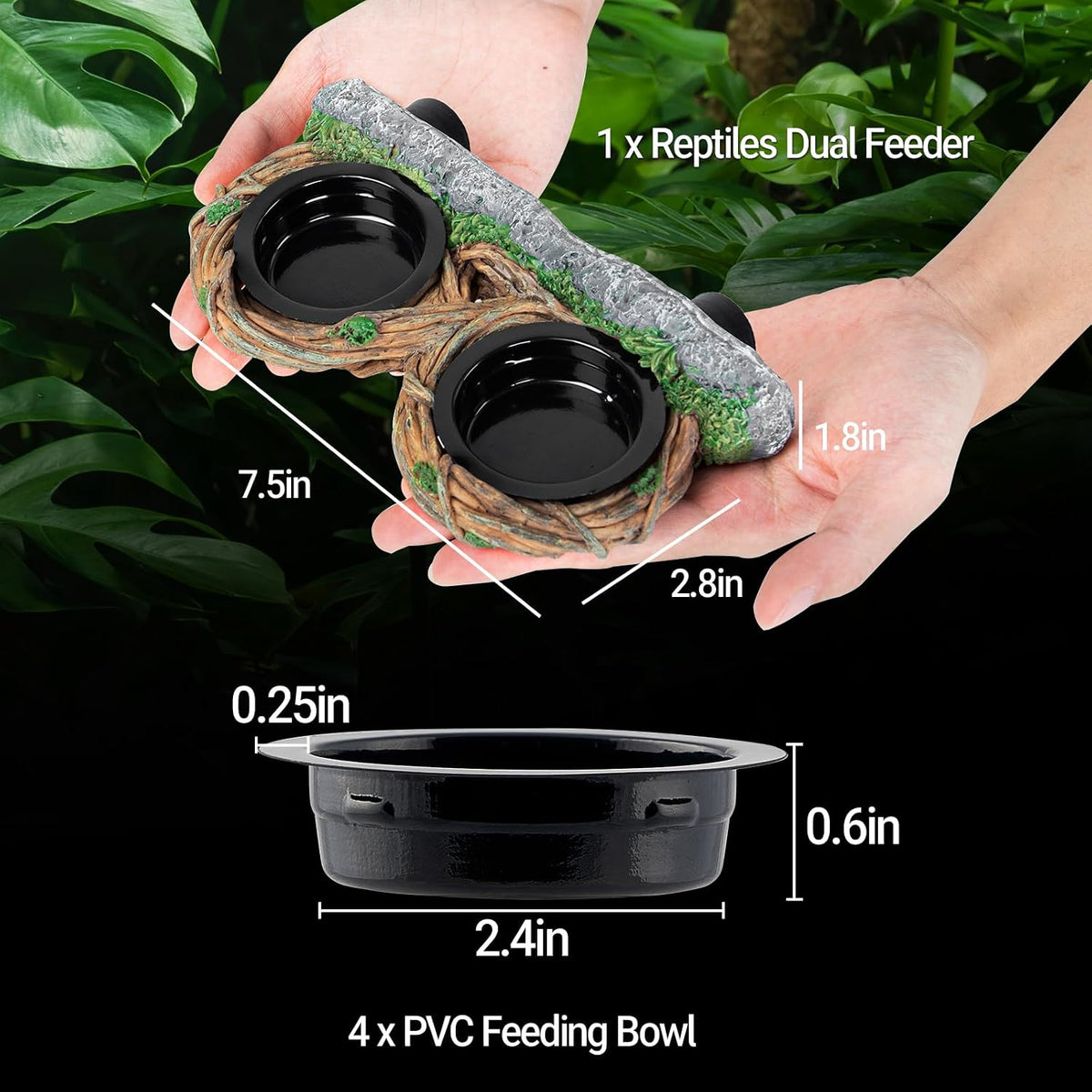 REPTI ZOO Magnetic Reptile Feeding Ledge, Gecko Feeder Ledge with 4PCS Cups, Hollow Vine Food Dish, Reptile Water Bowl for Bearded Dragon Lizard Snake Turtle, Terrarium Tank Accessories