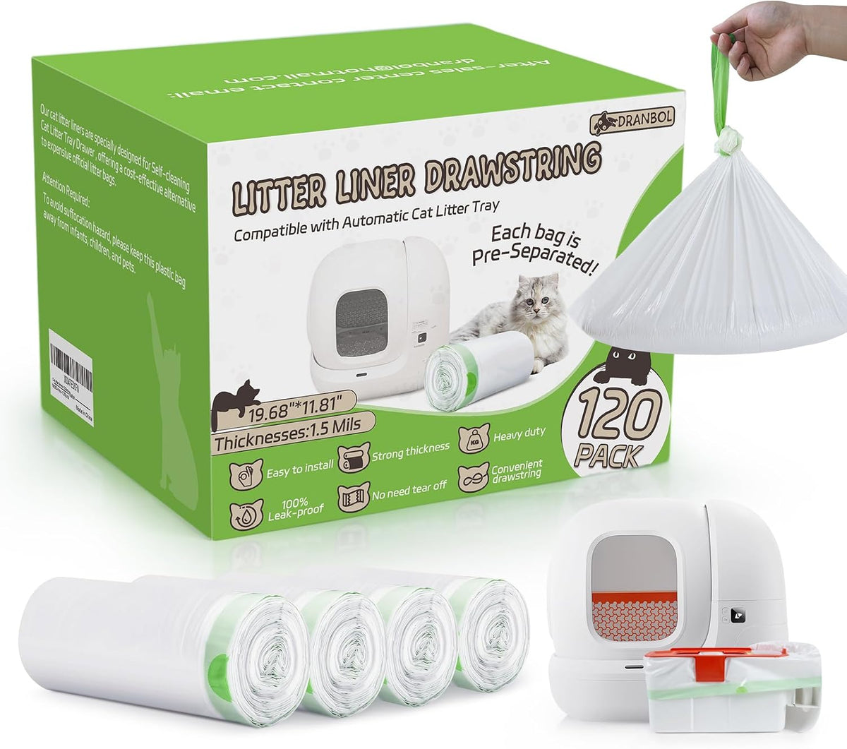 80 Count 18" x 12.6" Cat Litter Box Liners, Compatible with Meo Want MW-SC01/SC02/SC09/ SC01-Y, Thick Heavy Duty Drawstring Cat Litter Bags, Replaced Trash Bags for Self-Cleaning Cat Litter Box