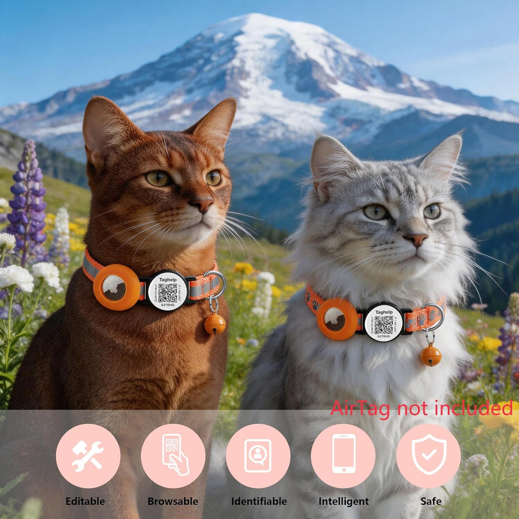 2 Pack Airtag Cat Collar,Reflective Breakaway with Smart QR Code,Orange
